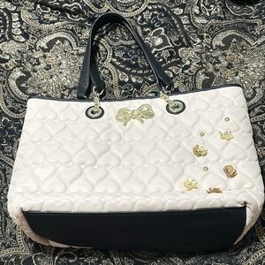 Betsey Johnson Tan and Black Quilted Tote with bow and flower Accents handbag